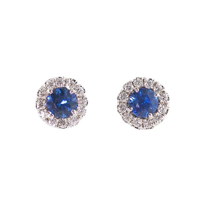 Blue Sapphire Mini Circle Studs with Pave Halo