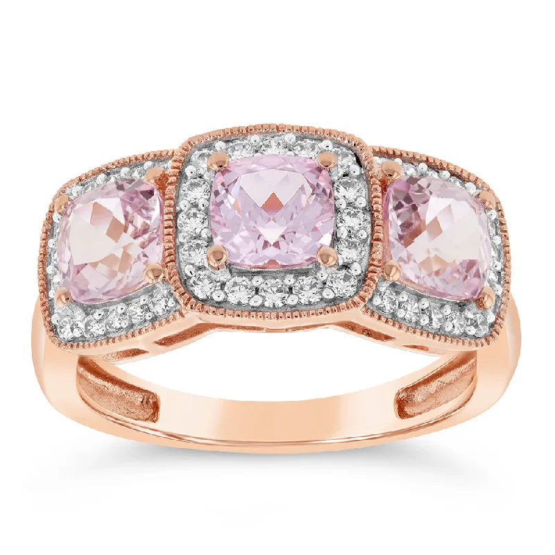 9ct Rose Gold Trilogy Cubic Zirconia And Created Morganite Ring