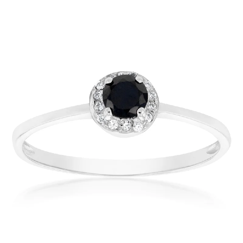 9ct White Gold Black Zirconia Halo Ring