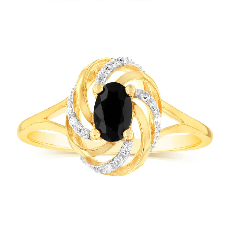 9ct Yellow Gold 0.65Ct Natural Sapphire Ring in 12 Diamonds