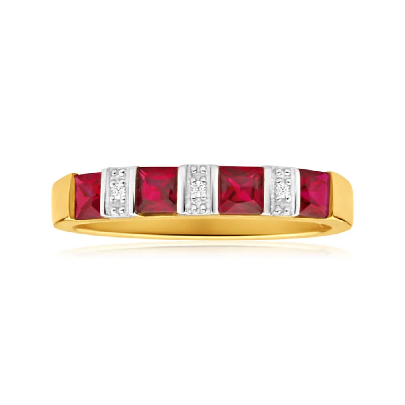 9ct Yellow Gold 4 Created Ruby + Diamond Ring