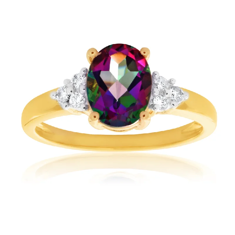 9ct Yellow Gold 8x6mm Oval Enhanced Mystic Topaz and Diamond Ring