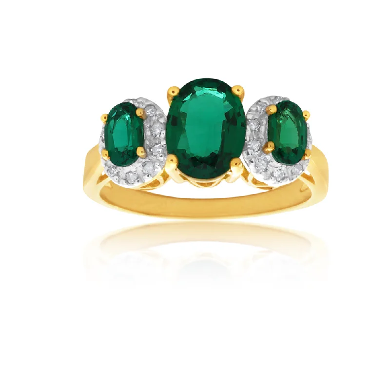 9ct Yellow Gold Created Emerald & Diamond Trilogy Ring