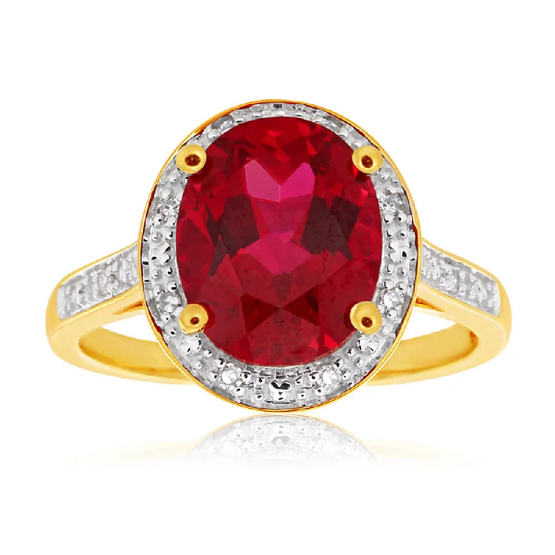 9ct Yellow Gold Created Ruby 10x8mm and Diamond Ring