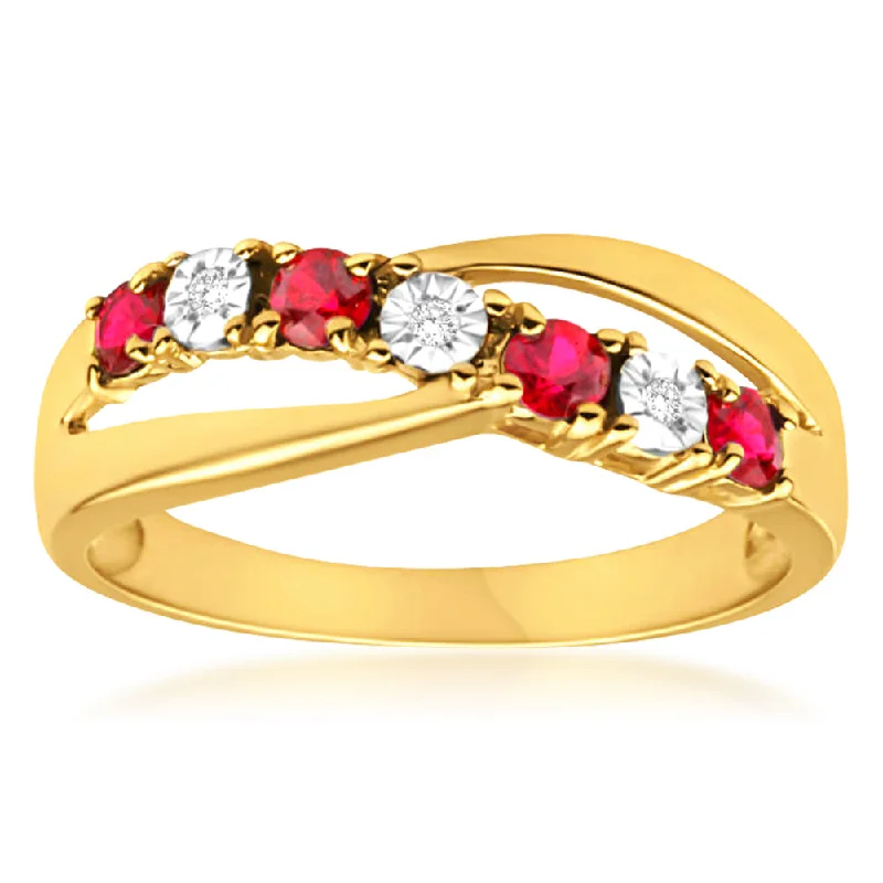 9ct Yellow Gold Created Ruby x 4 and Diamond x 4 Ring