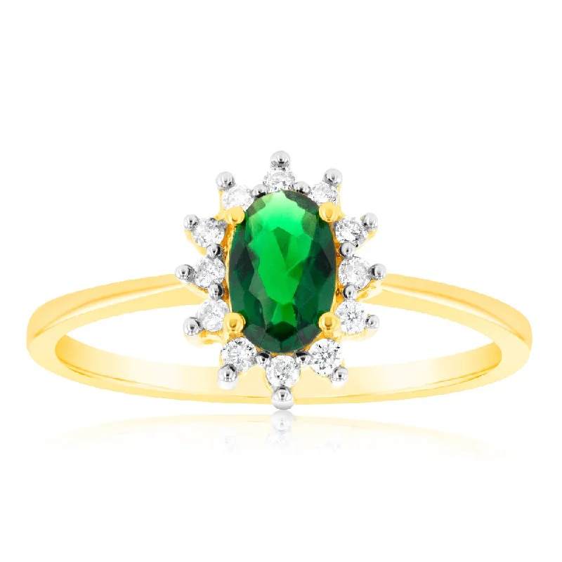 9ct Yellow Gold Diamond And Glass Filled Emerald Ring