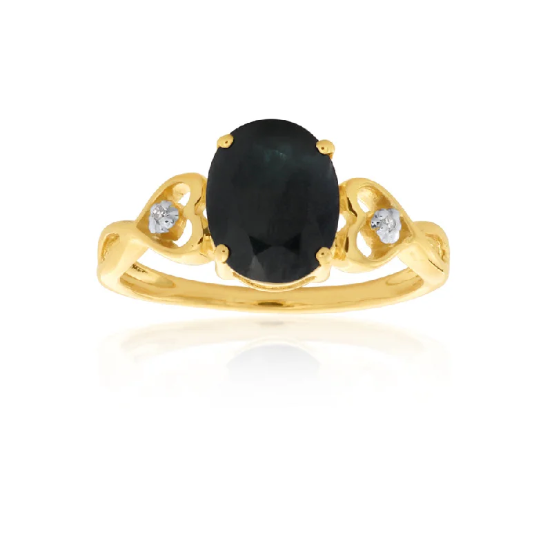 9ct Yellow Gold Natural Black Sapphire & Diamond Ring