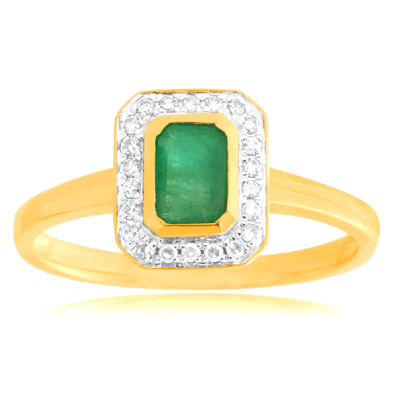 9ct Yellow Gold Natural Emerald 6x4mm and Diamond 0.10ct Ring