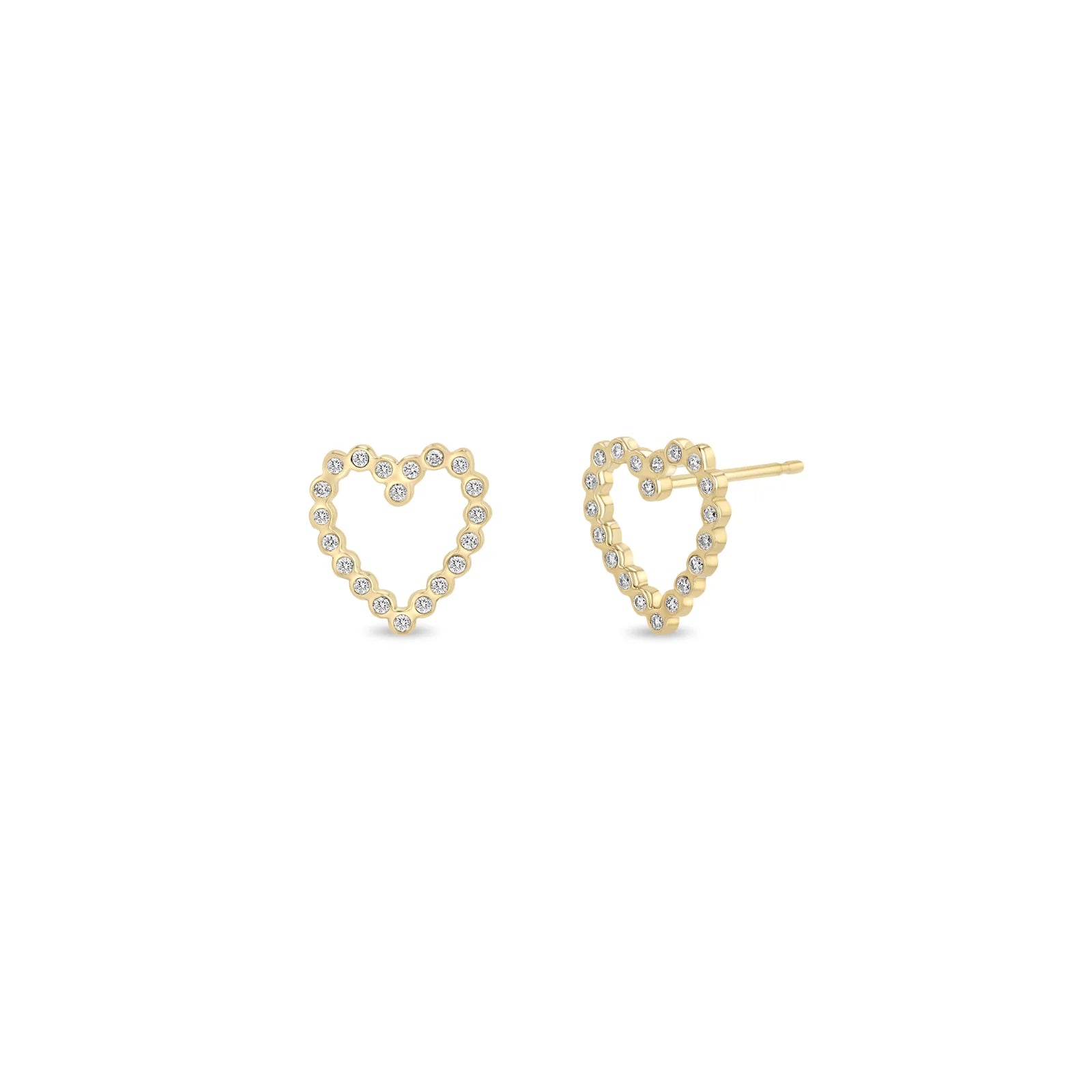 14K Gold Small Diamond Bezel Heart Stud Earrings