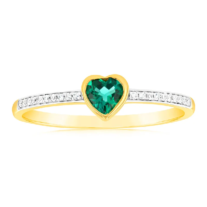 Created Emerald & Heart Shaped Diamond Ring in 9ct Yellow Gold