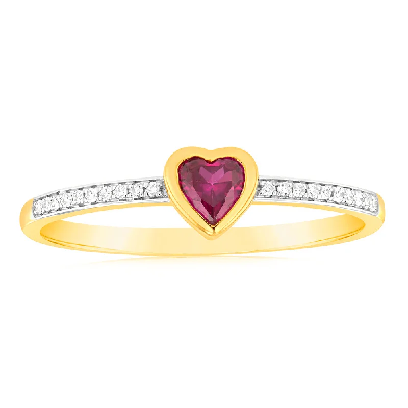 Created Ruby & Heart Shaped Diamond Ring in 9ct Yellow Gold