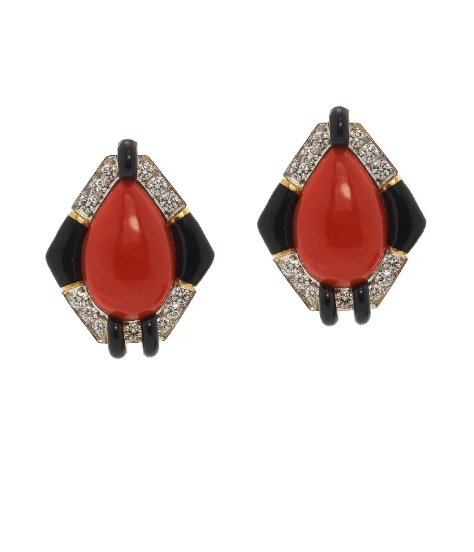 Kite Earrings, Black Enamel, Coral