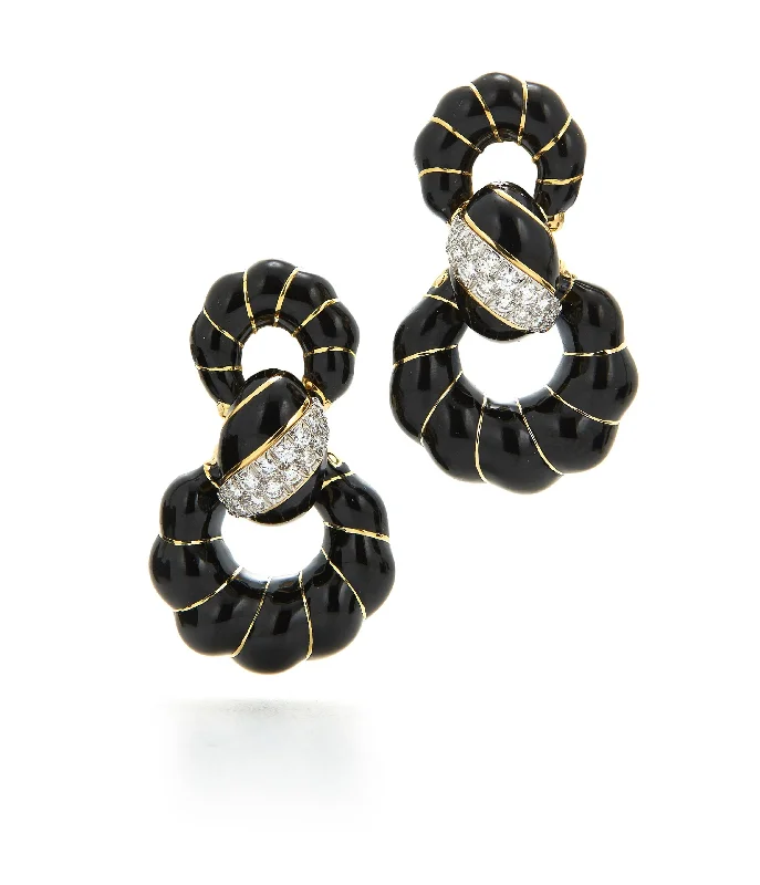 Fancy Hoop Earrings, Black Enamel