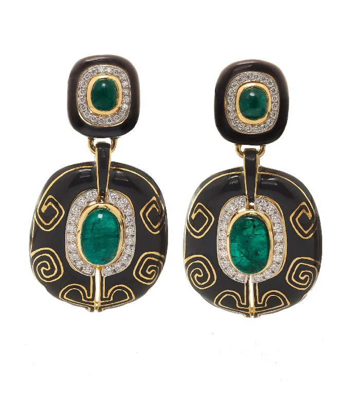 Lantern Earrings, Black Enamel, Emerald, Diamonds