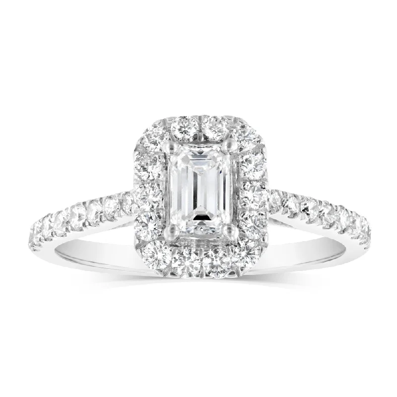 Luminesce Lab Grown 9ct White Gold 1 Carat Diamond Halo Solitaire Ring Emerald Centre Diamond