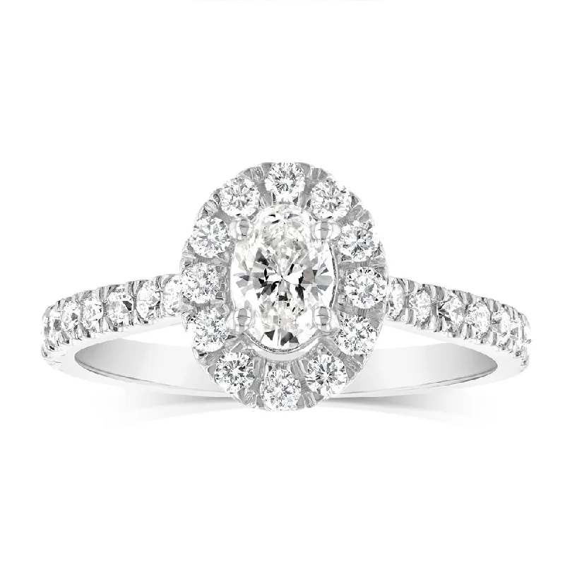 Luminesce Lab Grown 9ct White Gold 1 Carat Diamond Halo Solitaire Ring with OvalCentre Diamond