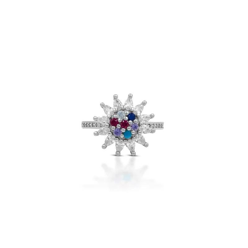 Multicolour Stones Floral Design Silver Ring