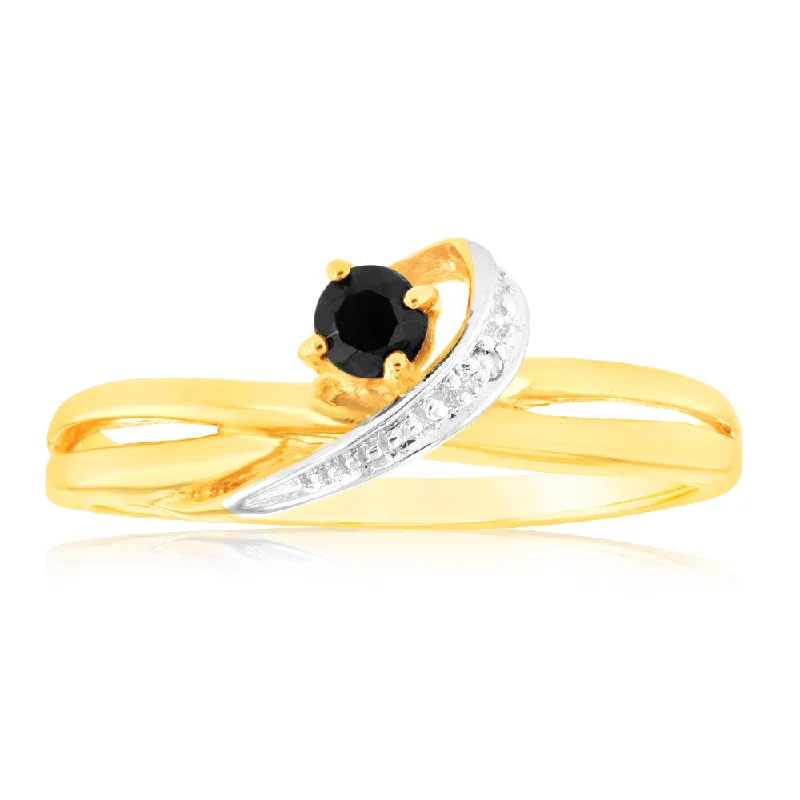 Natural 3mm Round Sapphire & Diamond Ring in 9ct Yellow Gold