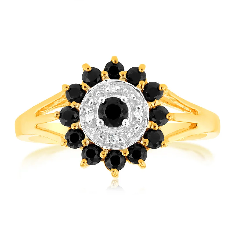 Natural Dark Round Sapphire & Diamond Ring in 9ct Yellow Gold