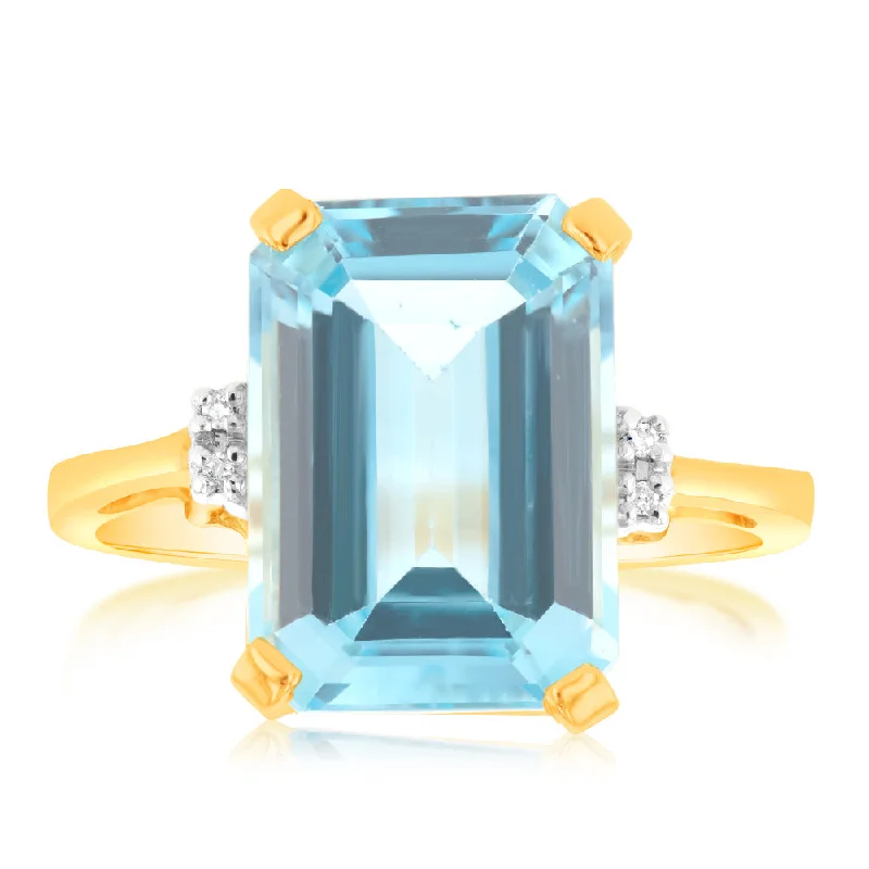 Natural Emerald Cut 14x10mm Blue Topaz & Small Diamonds in 9ct Yellow Gold