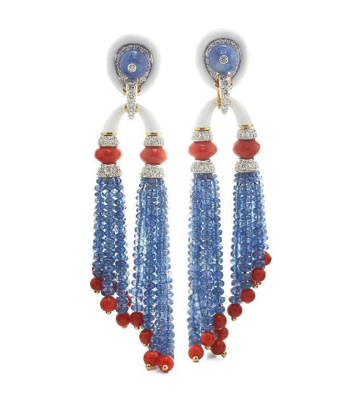 Pagoda Tassel Earrings with Diamonds, Coral and Sapphire Beads