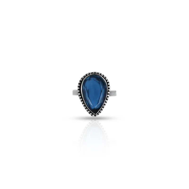 Silver Blue Drop Design Gem Stone With Pointd Border Ring For Girls