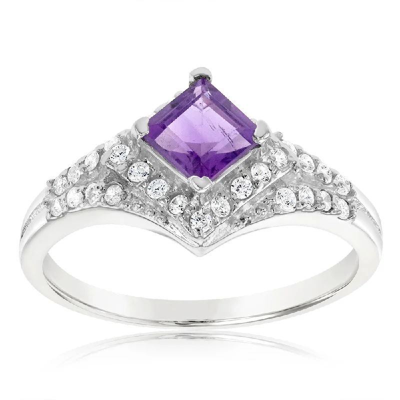 Sterling Silver Amethyst And Cubic Zirconia Fancy Ring