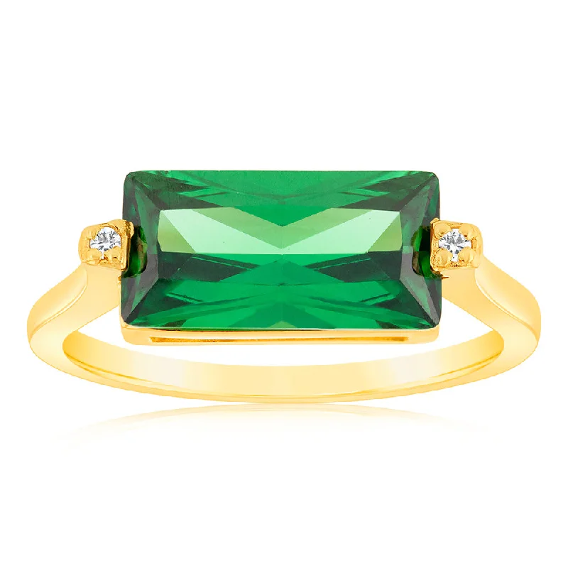 Sterling Silver Gold Plated Emerald Colour Rectangular Zirconia Ring