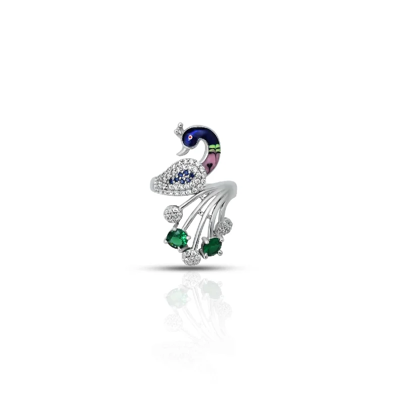 Sterling Silver Green Stone with Peacock Design Ring for Girls