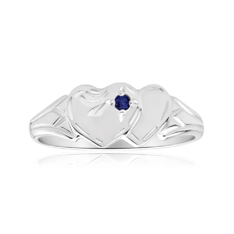 Sterling Silver Natural Sapphire 2Heart Signet Ring Size H