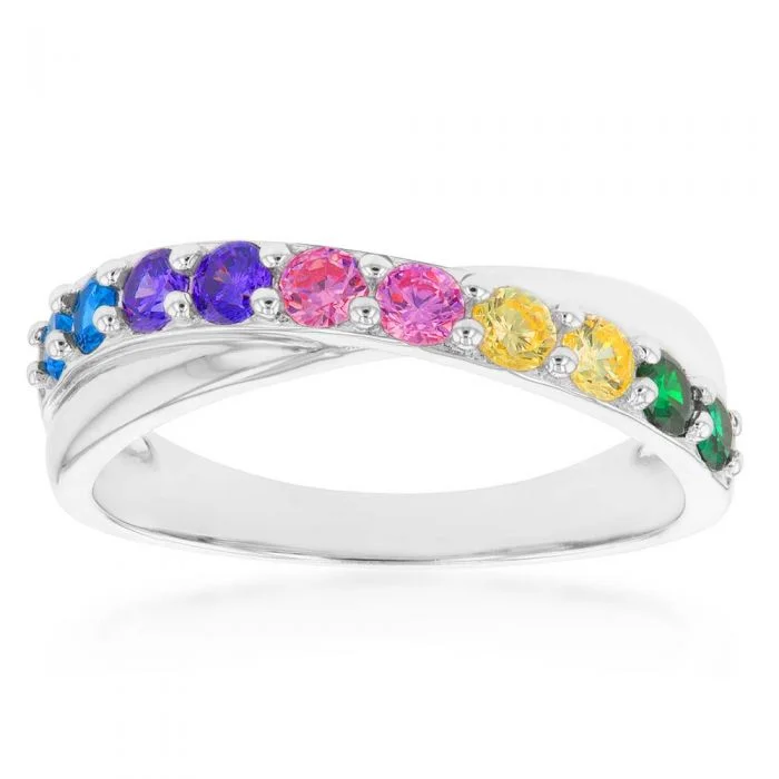 Sterling Silver Rainbow Multicolour Cubic Zirconia Crossover Ring