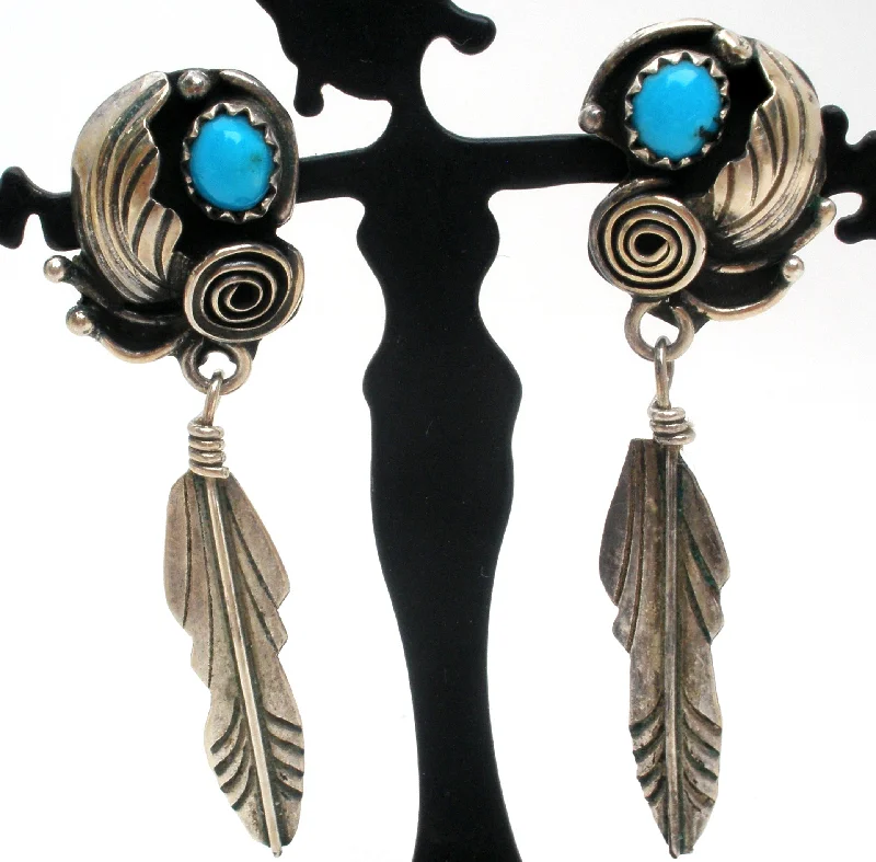 Turquoise Feather Earrings Sterling Silver