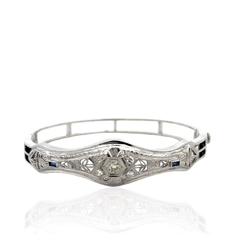 14 Karat Art Deco Hand-Engraved Diamond and Sapphire Bangle