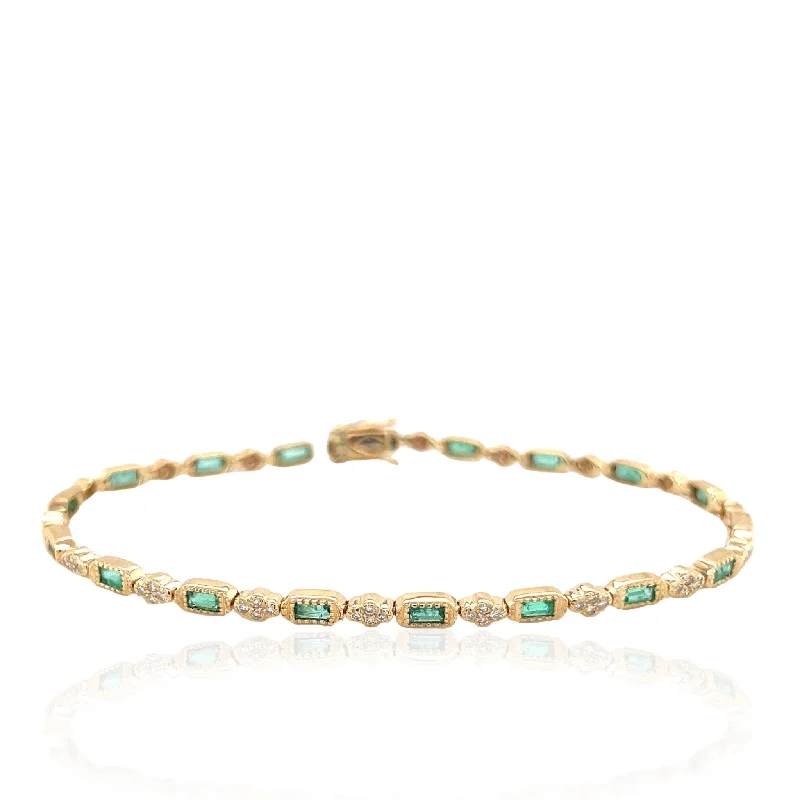 14 Karat Yellow Gold Emerald and Diamond Bracelet