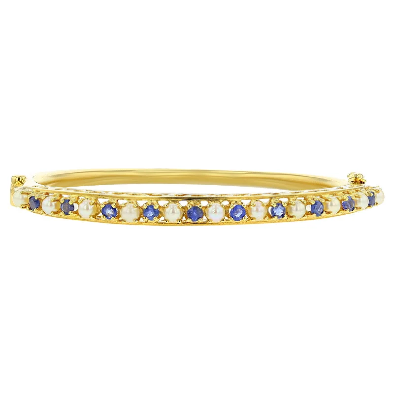 14K Yellow Gold Sapphire and Pearl Bangle Bracelet