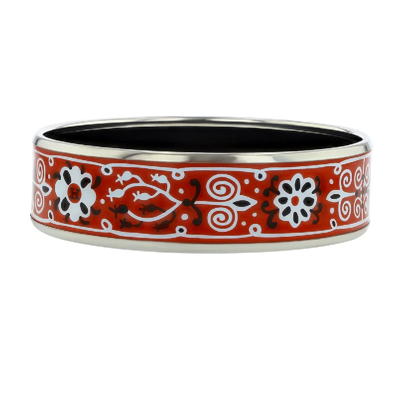 Hermes Red Enamel Bangle with Red, Black and White Floral Design