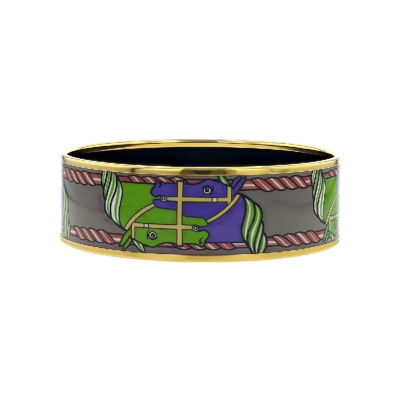 Hermes Wide Green and Purple Enamel Equestrian Bangle