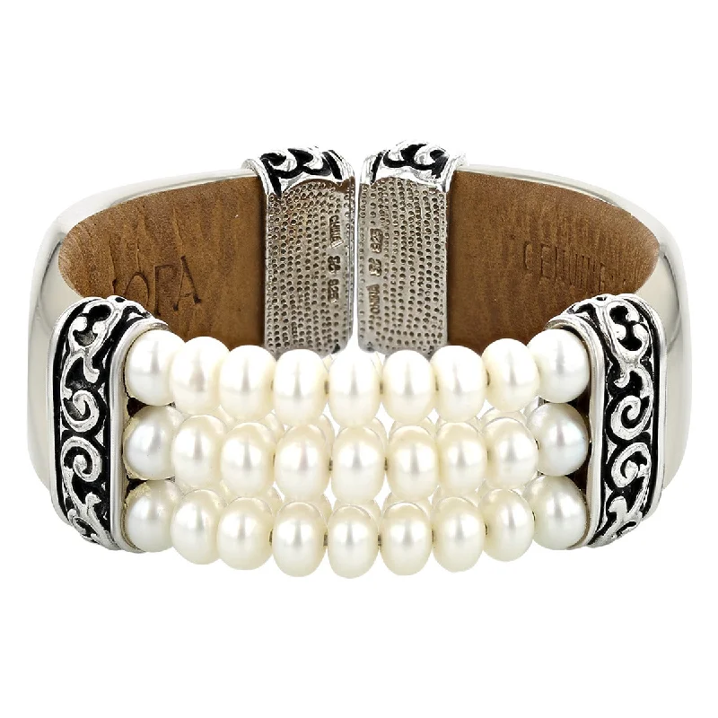 Honora Sterling Silver, Pearl and White Leather Cuff