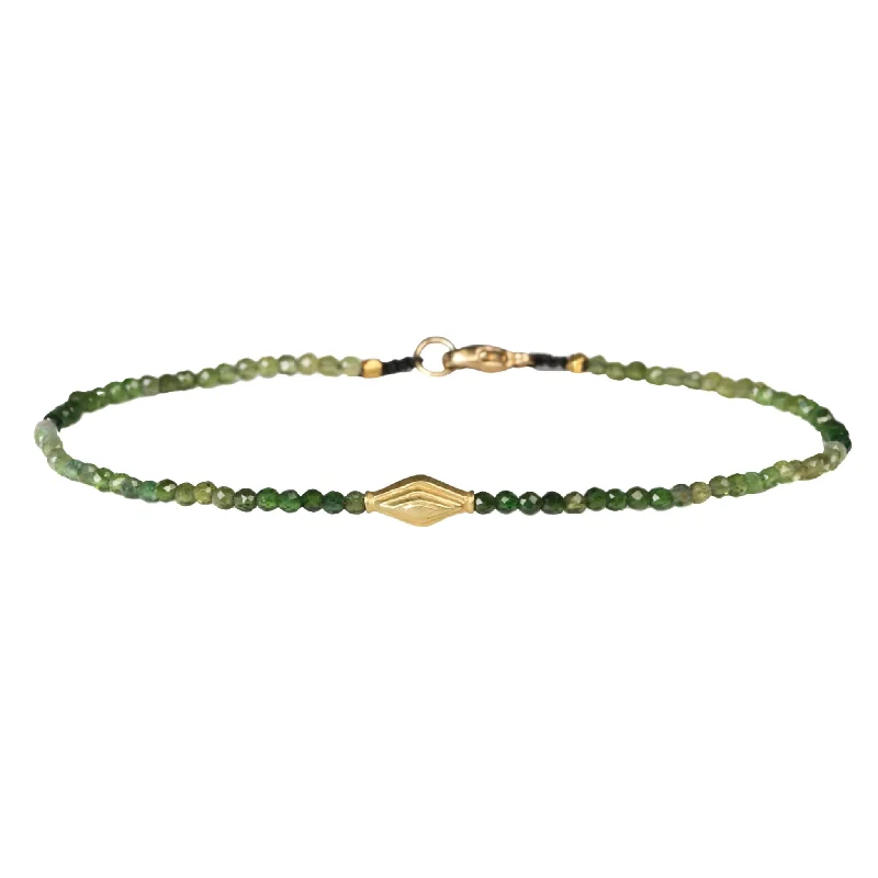 Faceted Ombre Green Tourmaline Beaded Bracelet with 18K Gold Stepped Rhombus Bead