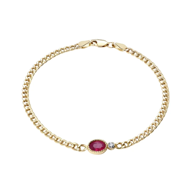 10K Gold "Baby Curb Chain" Bracelet with Oval Ruby & Diamond Detail